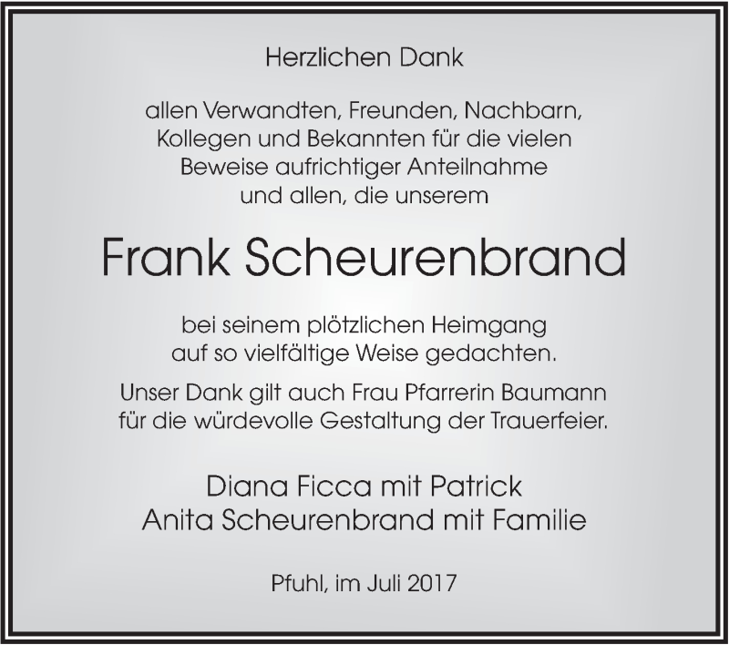  Traueranzeige für Frank Scheurenbrand vom 29.07.2017 aus Südwest Presse