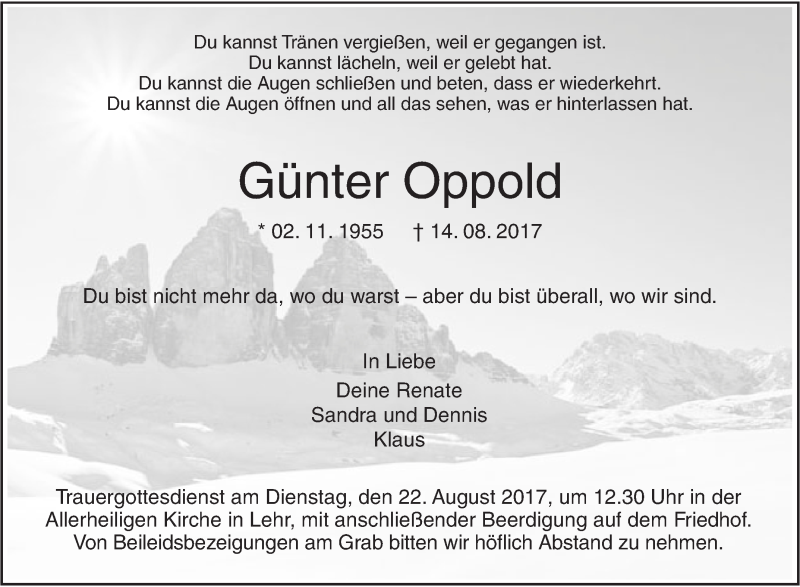  Traueranzeige für Günter Oppold vom 19.08.2017 aus Südwest Presse