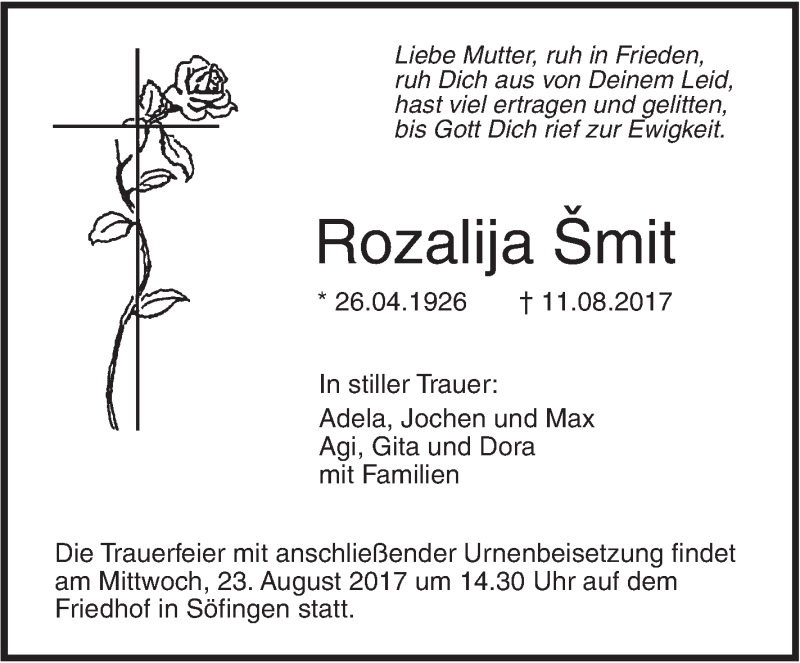  Traueranzeige für Rozalija Šmit vom 22.08.2017 aus Südwest Presse