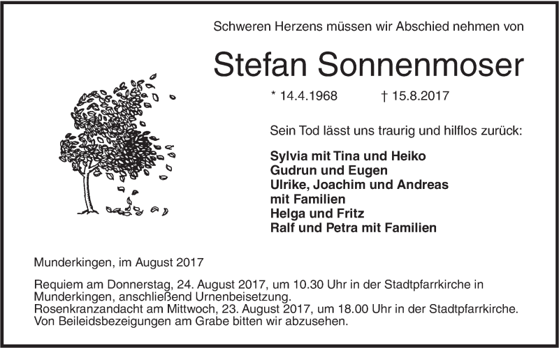  Traueranzeige für Stefan Sonnenmoser vom 22.08.2017 aus Ehinger Tagblatt