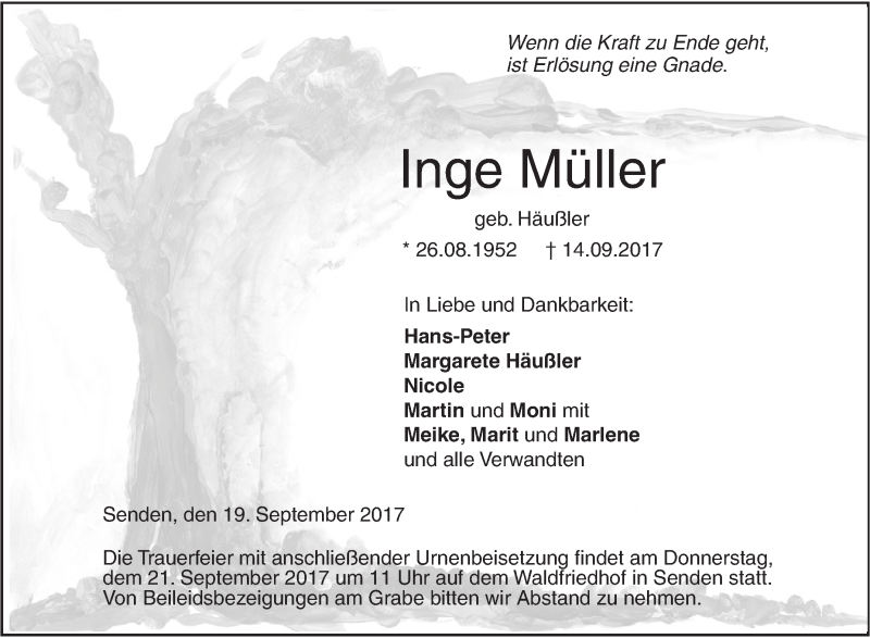  Traueranzeige für Inge Müller vom 19.09.2017 aus Südwest Presse