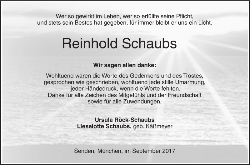  Traueranzeige für Reinhold Schaubs vom 30.09.2017 aus Südwest Presse