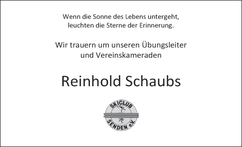 Traueranzeige für Reinhold Schaubs vom 20.09.2017 aus Südwest Presse