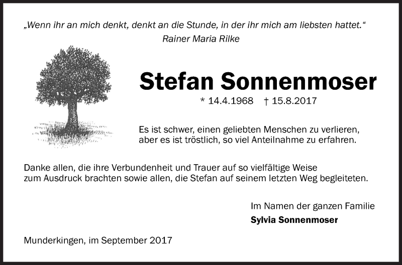  Traueranzeige für Stefan Sonnenmoser vom 08.09.2017 aus Ehinger Tagblatt