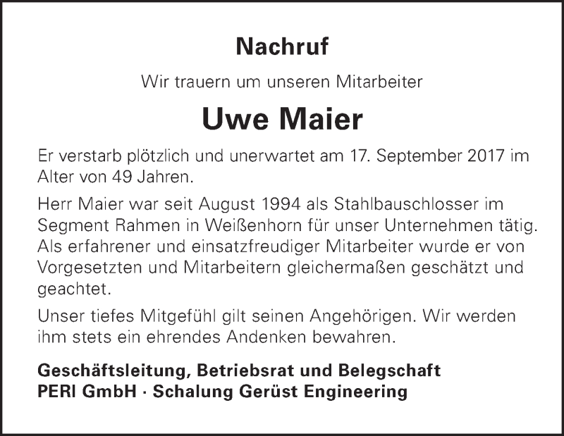  Traueranzeige für Uwe Maier vom 27.09.2017 aus Südwest Presse