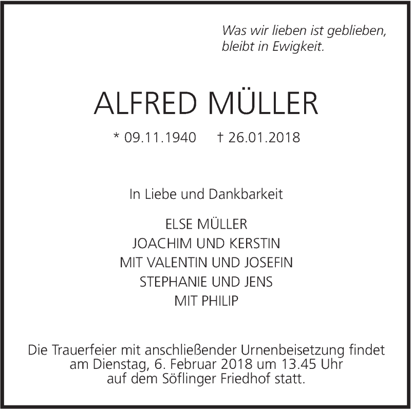  Traueranzeige für Alfred Müller vom 03.02.2018 aus SÜDWEST PRESSE Ausgabe Ulm/Neu-Ulm