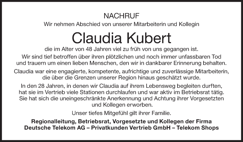  Traueranzeige für Claudia Kubert vom 16.01.2018 aus NWZ Neue Württembergische Zeitung