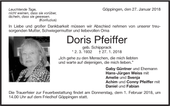 Traueranzeige von Doris Pfeiffer von NWZ Neue Württembergische Zeitung