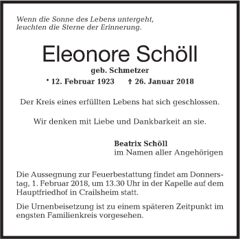 Traueranzeige von Eleonore Schöll von Hohenloher Tagblatt