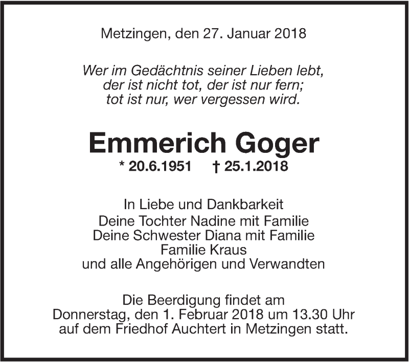 Traueranzeige für Emmerich Goger vom 27.01.2018 aus Metzinger-Uracher Volksblatt