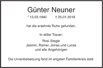 Traueranzeige von Günter Neuner von SÜDWEST PRESSE Ausgabe Ulm/Neu-Ulm