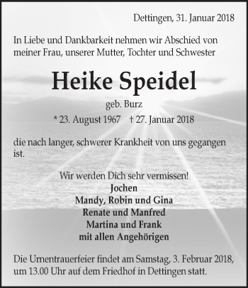 Traueranzeige von Heike Speidel von Metzinger-Uracher Volksblatt