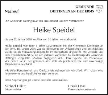 Traueranzeige von Heike Speidel von Metzinger-Uracher Volksblatt