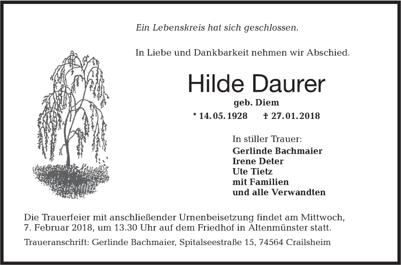  Traueranzeige für Hilde Daurer vom 03.02.2018 aus Hohenloher Tagblatt