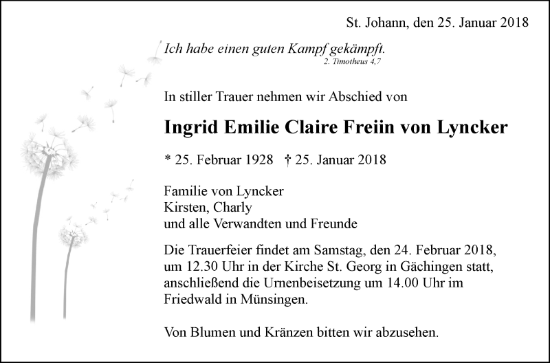  Traueranzeige für Ingrid Emilie Claire Freiin von Lyncker vom 17.02.2018 aus Alb-Bote/Metzinger-Uracher Volksblatt