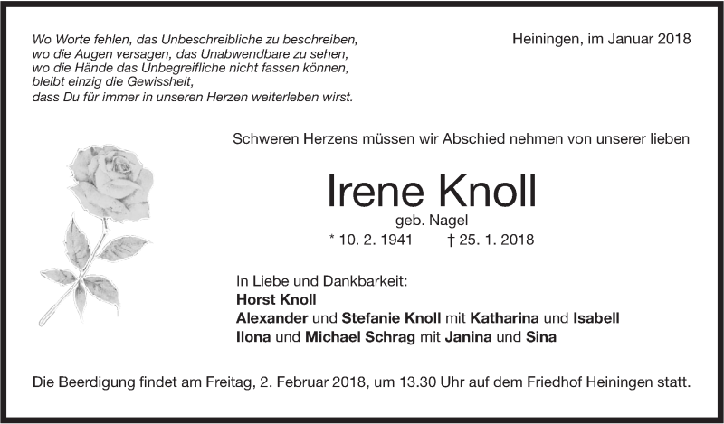  Traueranzeige für Irene Knoll vom 30.01.2018 aus NWZ Neue Württembergische Zeitung