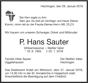 Traueranzeige von P. Hans Sauter von Hohenzollerische Zeitung