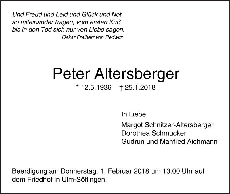  Traueranzeige für Peter Altersberger vom 29.01.2018 aus SÜDWEST PRESSE Ausgabe Ulm/Neu-Ulm