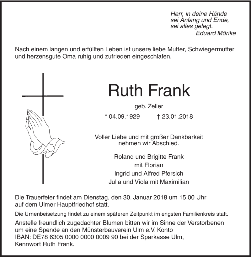  Traueranzeige für Ruth Frank vom 26.01.2018 aus SÜDWEST PRESSE Ausgabe Ulm/Neu-Ulm