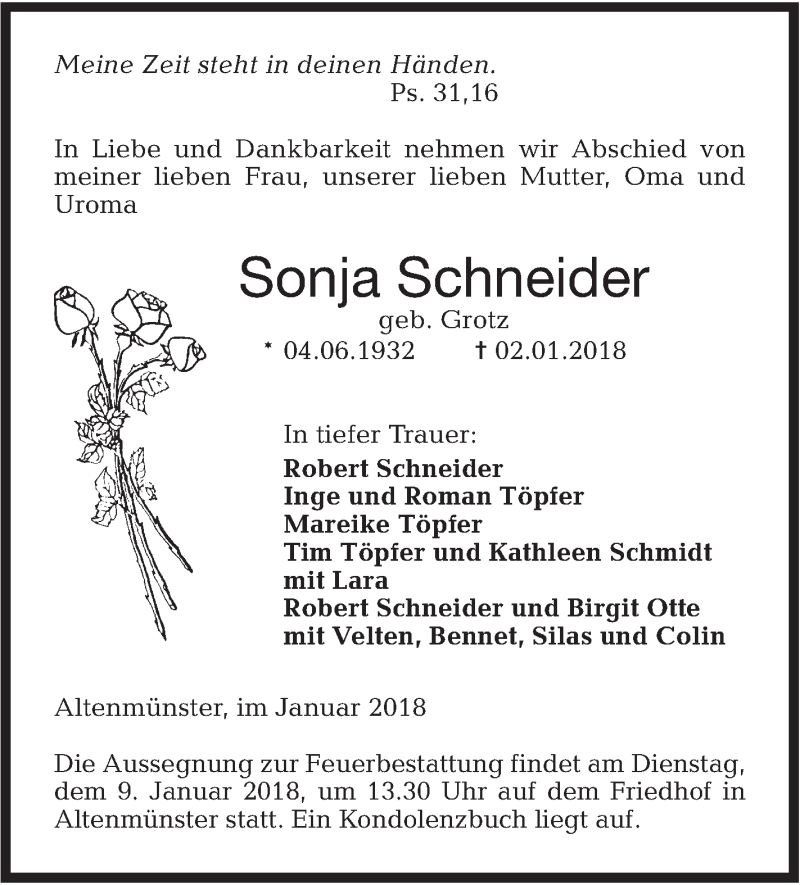  Traueranzeige für Sonja Schneider vom 05.01.2018 aus Hohenloher Tagblatt