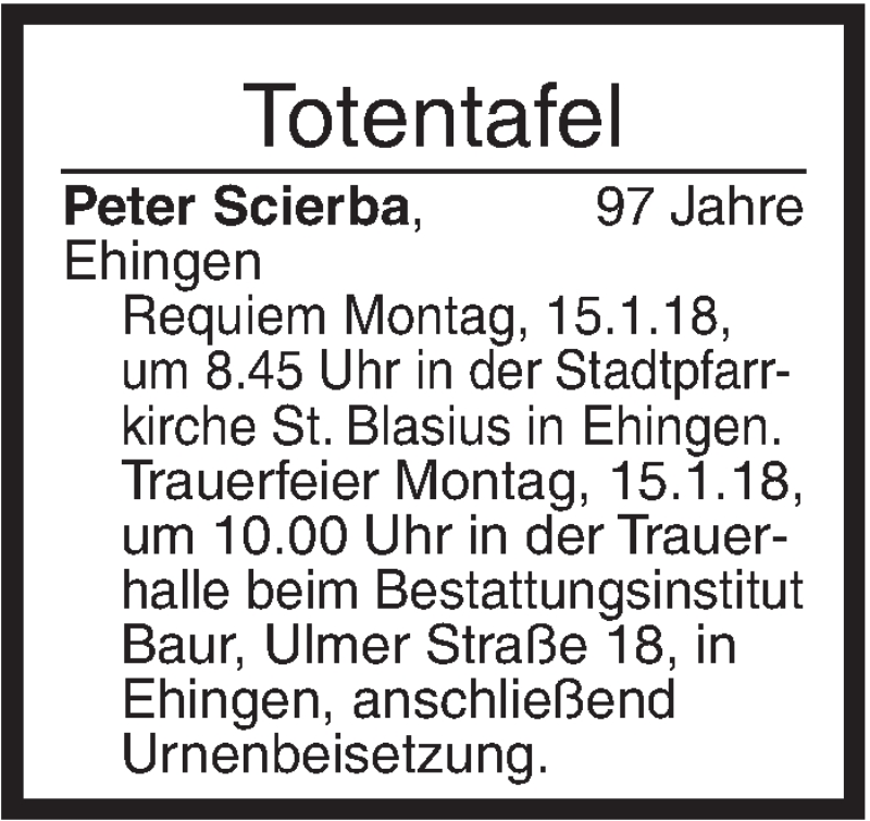  Traueranzeige für Totentafel vom 11.01.2018 vom 11.01.2018 aus Ehinger Tagblatt