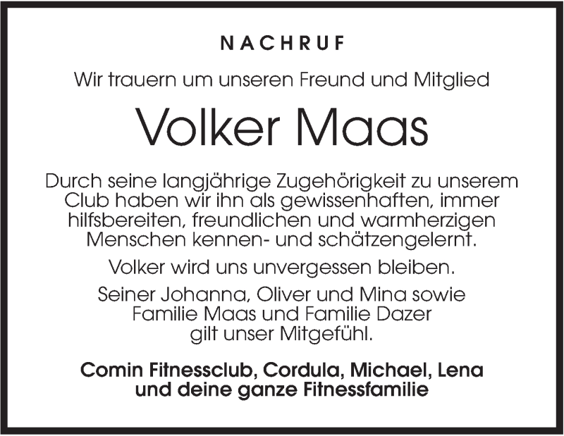  Traueranzeige für Volker Maas vom 27.01.2018 aus Rundschau Gaildorf