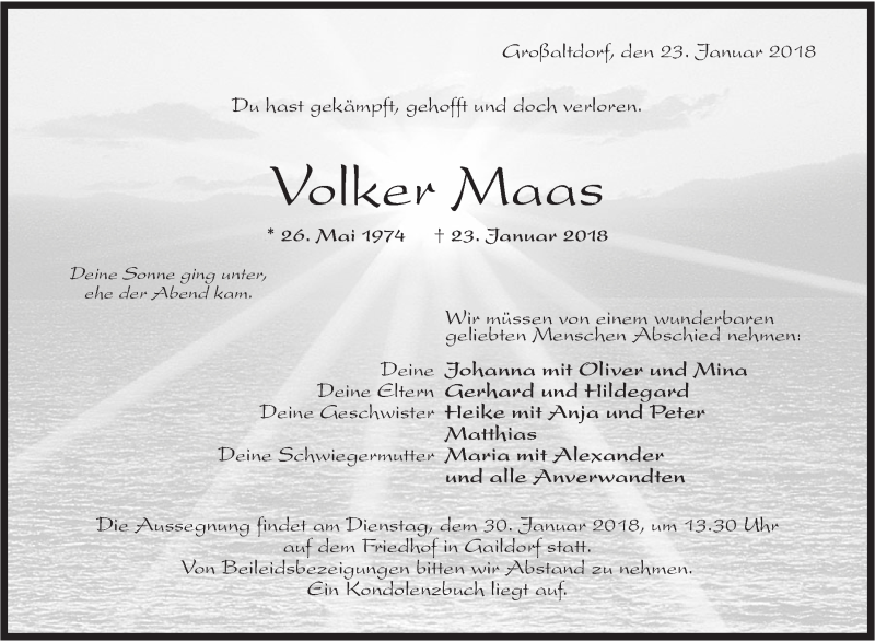  Traueranzeige für Volker Maas vom 27.01.2018 aus Rundschau Gaildorf