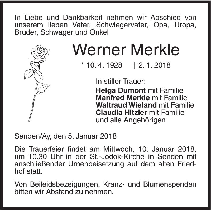  Traueranzeige für Werner Merkle vom 05.01.2018 aus SÜDWEST PRESSE Ausgabe Ulm/Neu-Ulm