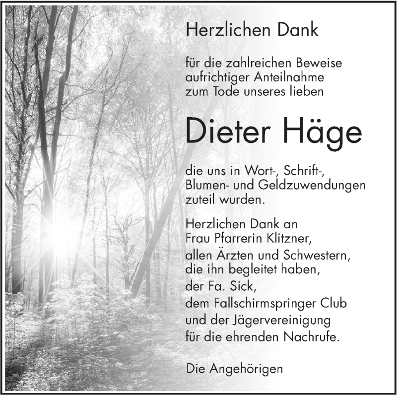 Traueranzeige für Dieter Häge vom 22.10.2018 aus SÜDWEST PRESSE Ausgabe Ulm/Neu-Ulm