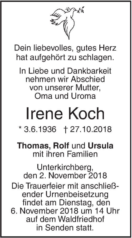  Traueranzeige für Irene Koch vom 02.11.2018 aus SÜDWEST PRESSE Ausgabe Ulm/Neu-Ulm
