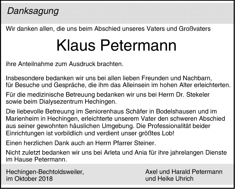 Traueranzeige für Klaus Petermann vom 06.10.2018 aus Hohenzollerische Zeitung