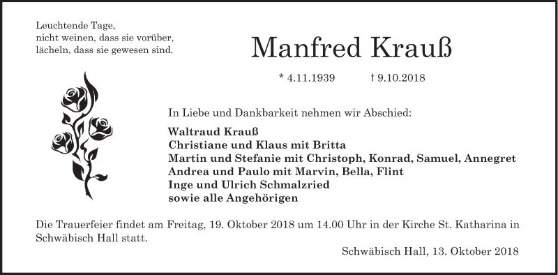  Traueranzeige für Manfred Krauß vom 13.10.2018 aus Haller Tagblatt