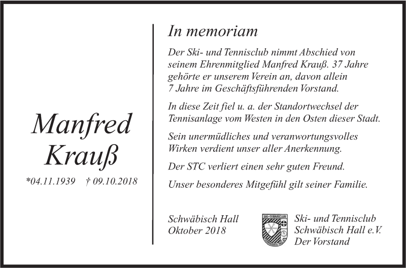  Traueranzeige für Manfred Krauß vom 13.10.2018 aus Haller Tagblatt