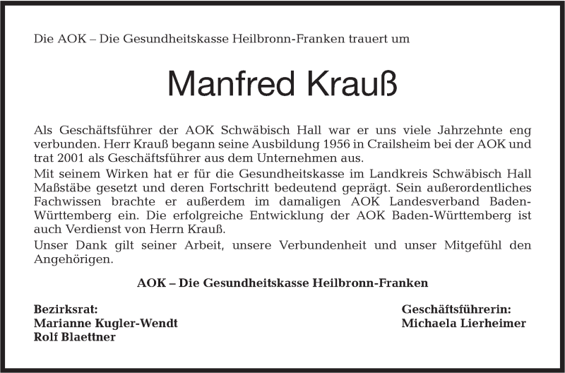  Traueranzeige für Manfred Krauß vom 13.10.2018 aus Haller Tagblatt