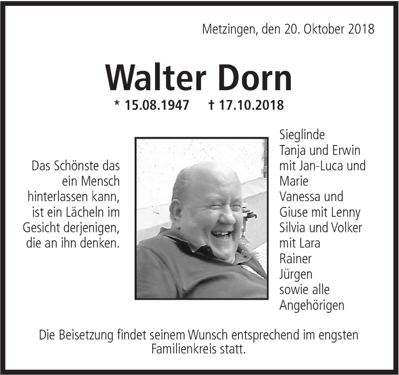  Traueranzeige für Walter Dorn vom 20.10.2018 aus Metzinger-Uracher Volksblatt