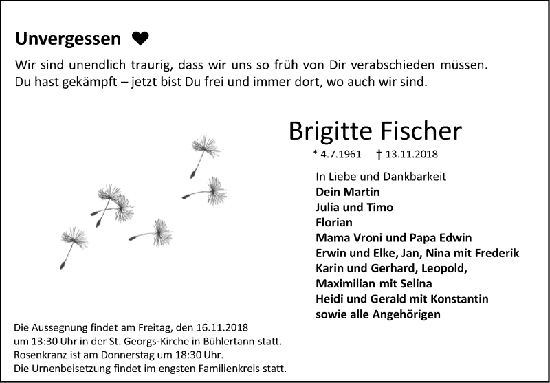  Traueranzeige für Brigitte Fischer vom 15.11.2018 aus Haller Tagblatt