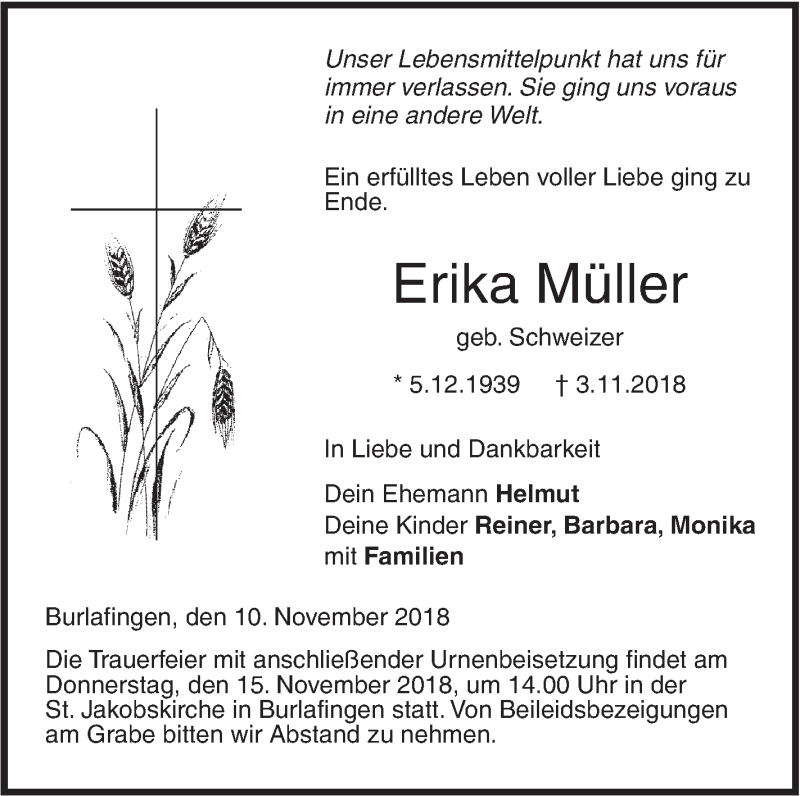  Traueranzeige für Erika Müller vom 10.11.2018 aus SÜDWEST PRESSE Ausgabe Ulm/Neu-Ulm