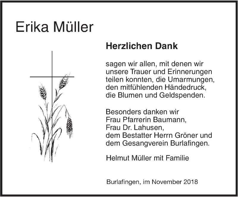  Traueranzeige für Erika Müller vom 24.11.2018 aus SÜDWEST PRESSE Ausgabe Ulm/Neu-Ulm