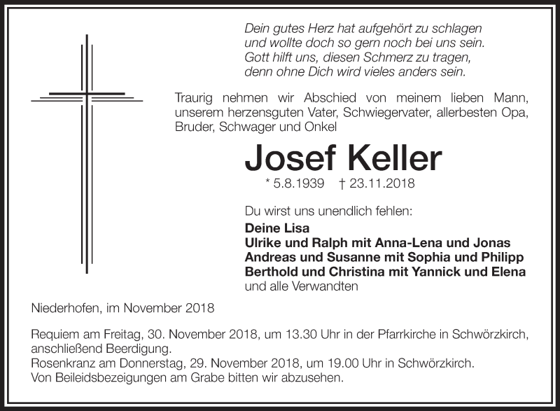  Traueranzeige für Josef Keller vom 27.11.2018 aus Ehinger Tagblatt