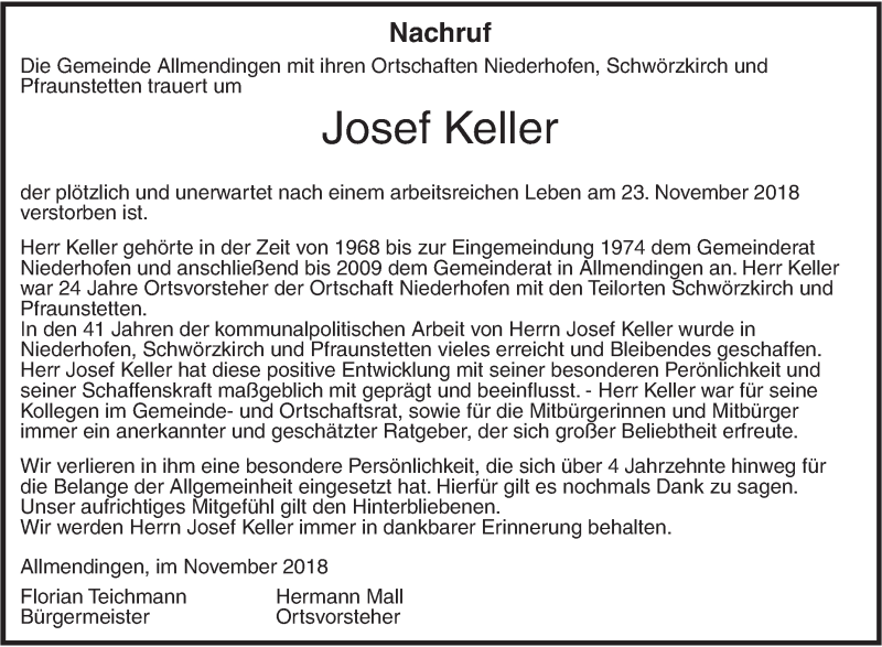  Traueranzeige für Josef Keller vom 29.11.2018 aus Ehinger Tagblatt