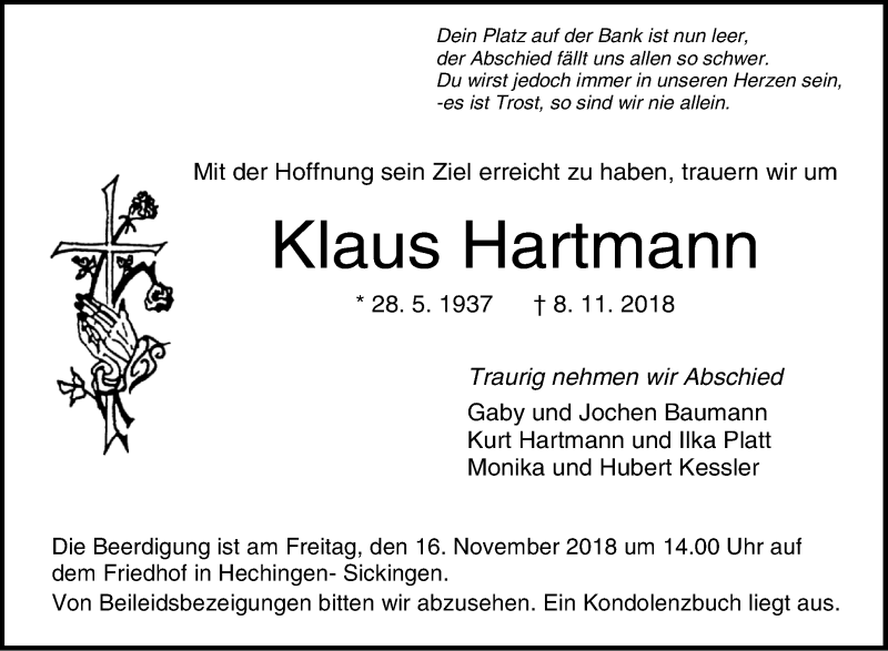 Traueranzeige für Klaus Hartmann vom 13.11.2018 aus Hohenzollerische Zeitung