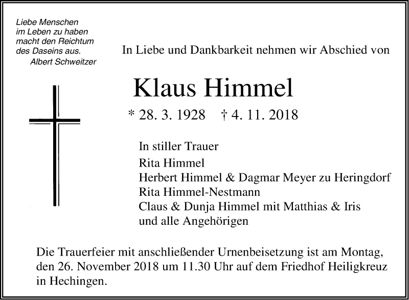  Traueranzeige für Klaus Himmel vom 17.11.2018 aus Hohenzollerische Zeitung