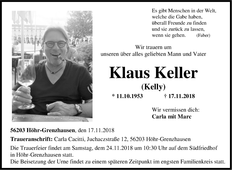  Traueranzeige für Klaus Keller vom 21.11.2018 aus Geislinger Zeitung