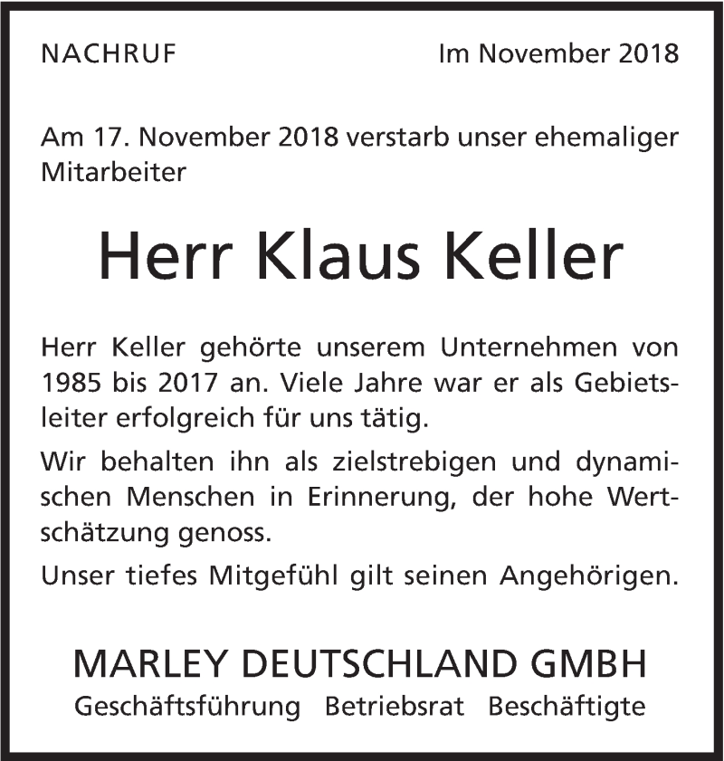  Traueranzeige für Klaus Keller vom 21.11.2018 aus Geislinger Zeitung