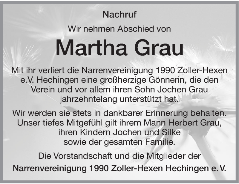  Traueranzeige für Martha Grau vom 28.11.2018 aus Hohenzollerische Zeitung