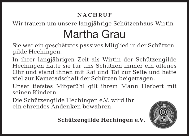  Traueranzeige für Martha Grau vom 01.12.2018 aus Hohenzollerische Zeitung