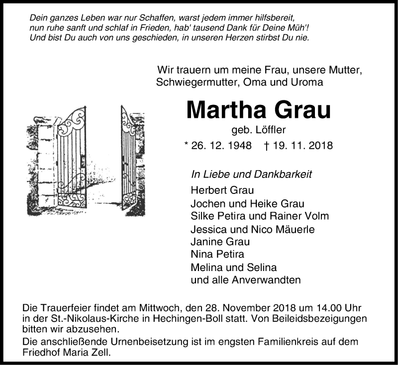  Traueranzeige für Martha Grau vom 24.11.2018 aus Hohenzollerische Zeitung