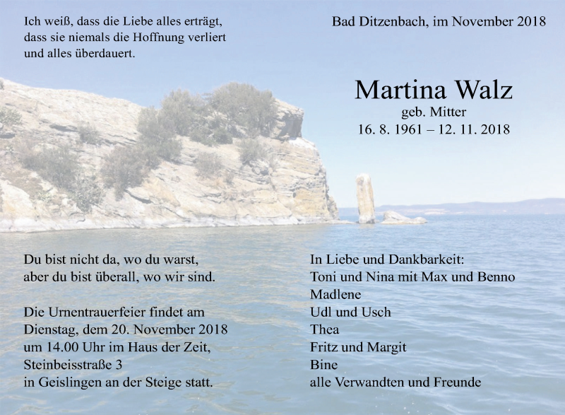  Traueranzeige für Martina Walz vom 16.11.2018 aus NWZ Neue Württembergische Zeitung/Geislinger Zeitung