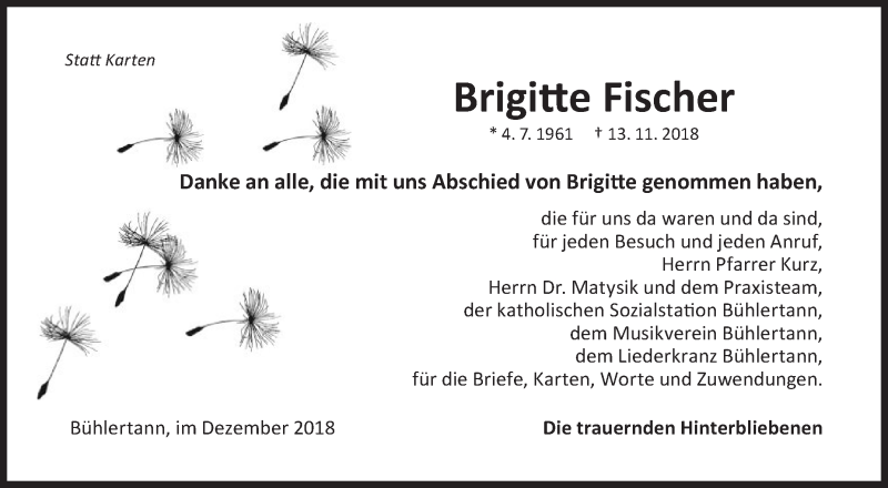  Traueranzeige für Brigitte Fischer vom 06.12.2018 aus Haller Tagblatt