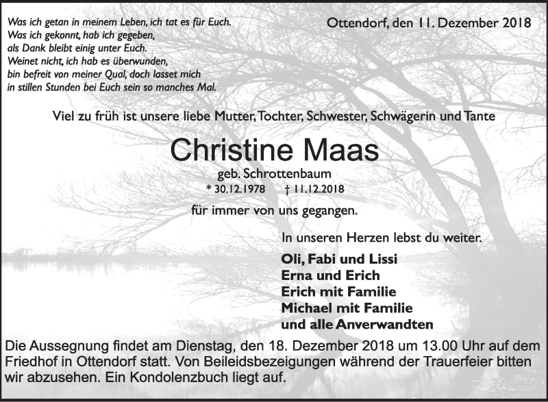  Traueranzeige für Christine Maas vom 14.12.2018 aus Rundschau Gaildorf